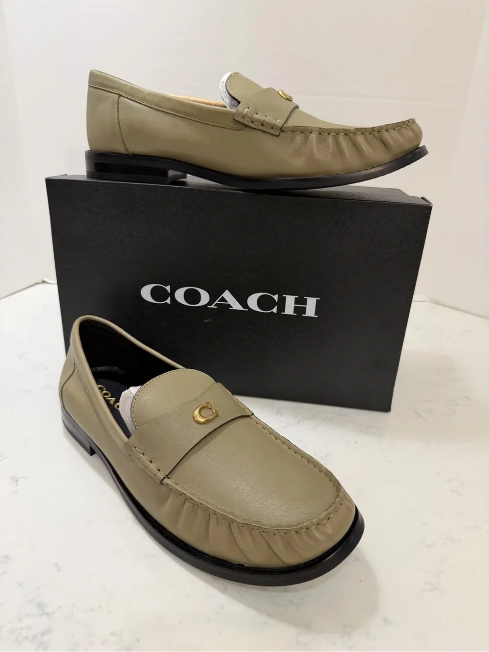 Coach woman’s Olive Green Leather Slip-On Loafers with Gold Accent - Picture 2 of 11